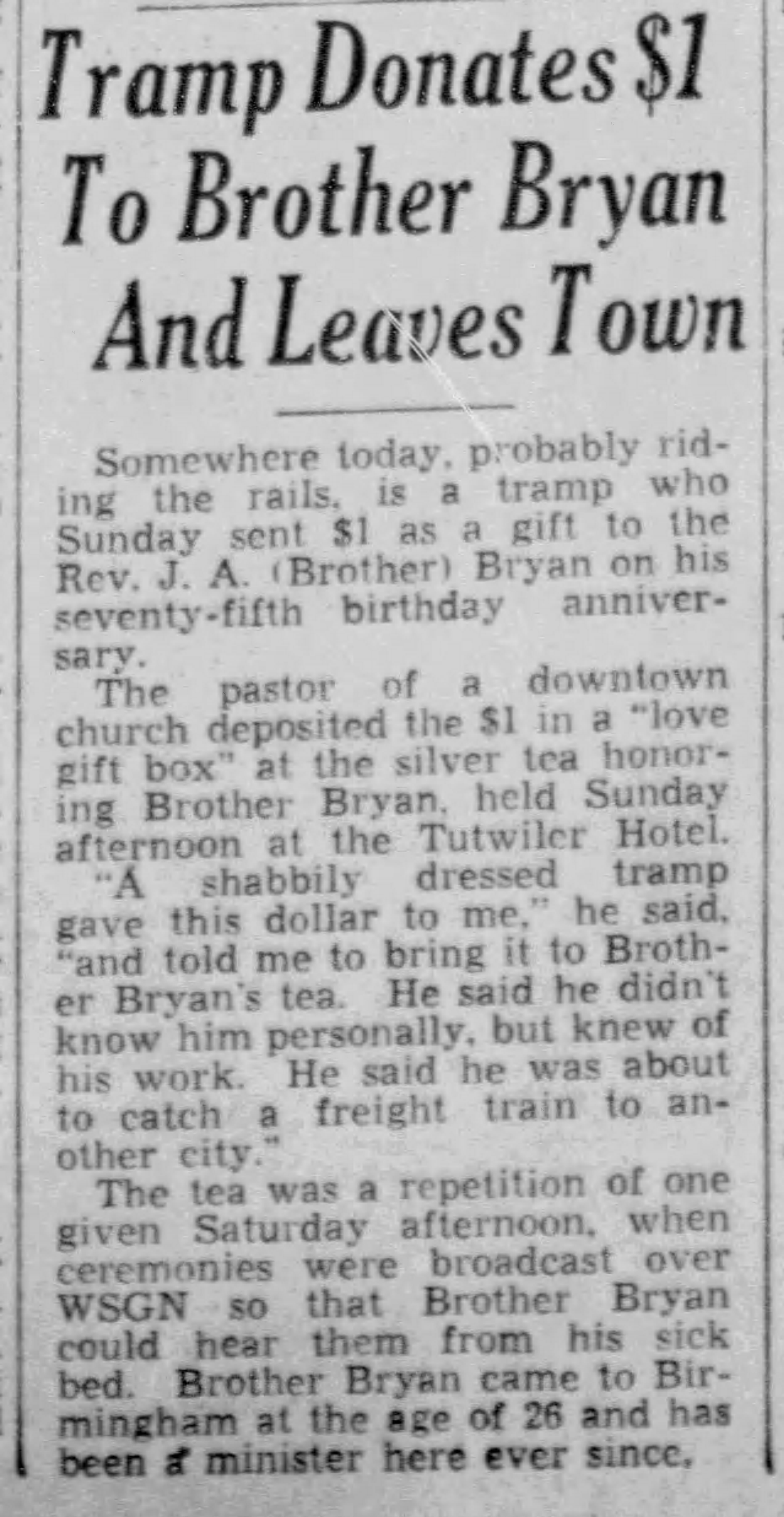 Tramp Donates $1 to Brother Bryan and Leaves Town